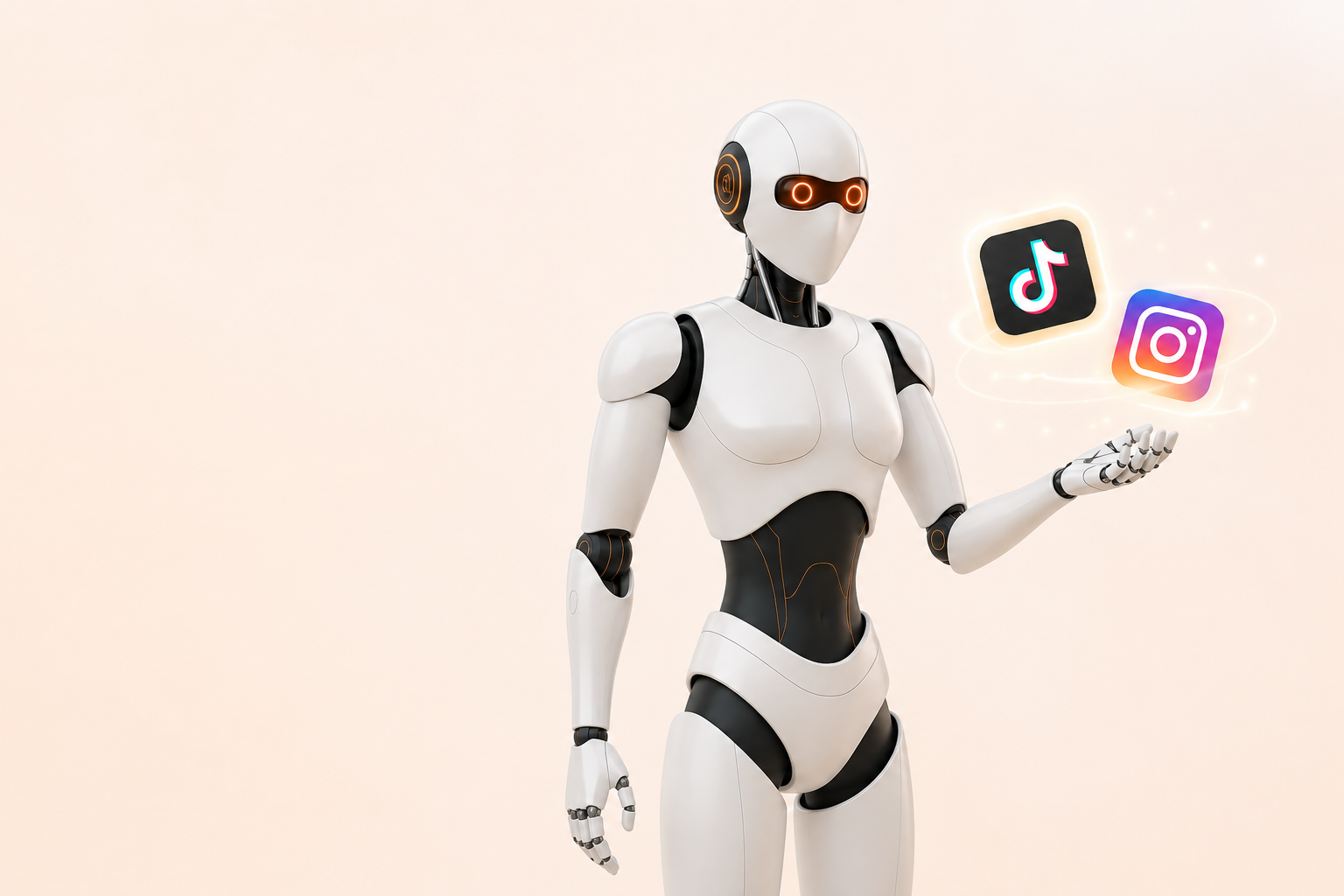 A humanoid robot balancing TikTok and Instagram app icons